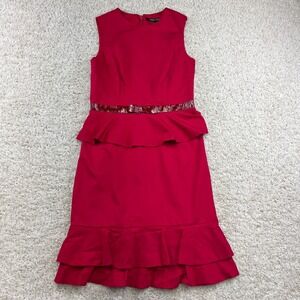 Cynthia Steffe Dress Womens 4 Red Sleeveless Ruffle Pleather Belt Career Tiered
